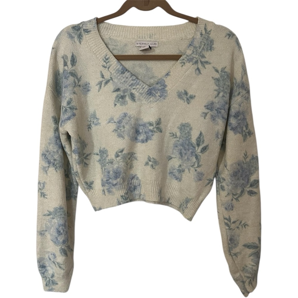 Sincerely Jules Blue Floral Cropped Sweater Cottagecore V-Neck Size M